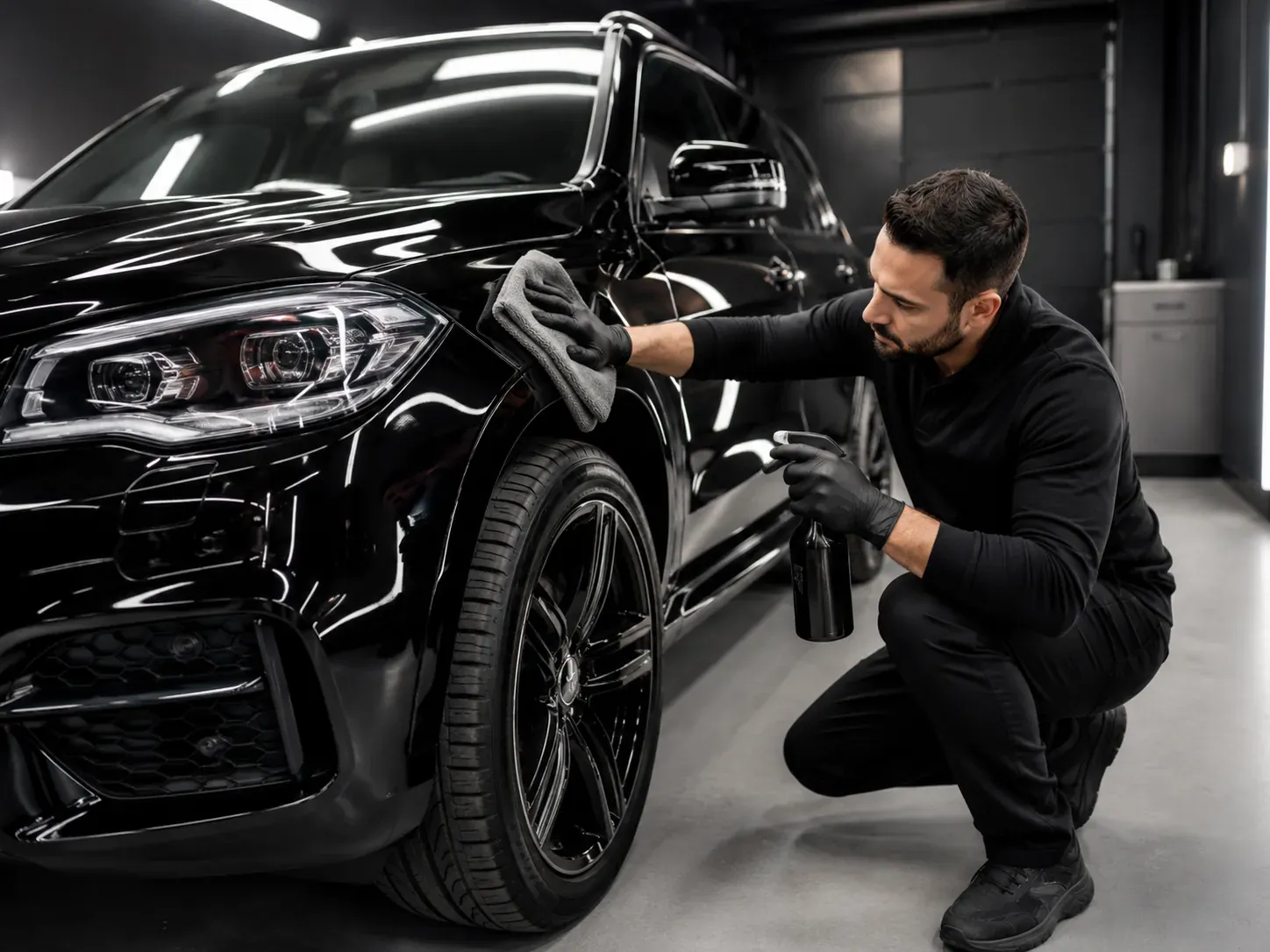Detailer at work polishing a vehicle inside a garage