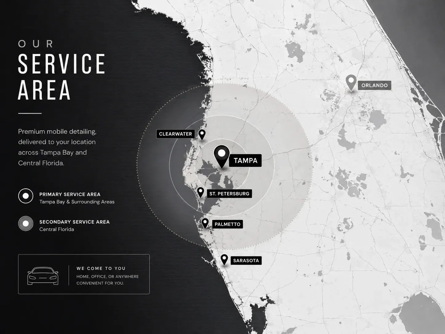 Stylized map showing G Auto Detail service areas around Tampa, St. Petersburg, Clearwater, Bradenton, Sarasota, Brooksville, New Port Richey, Zephyrhills, and Wesley Chapel